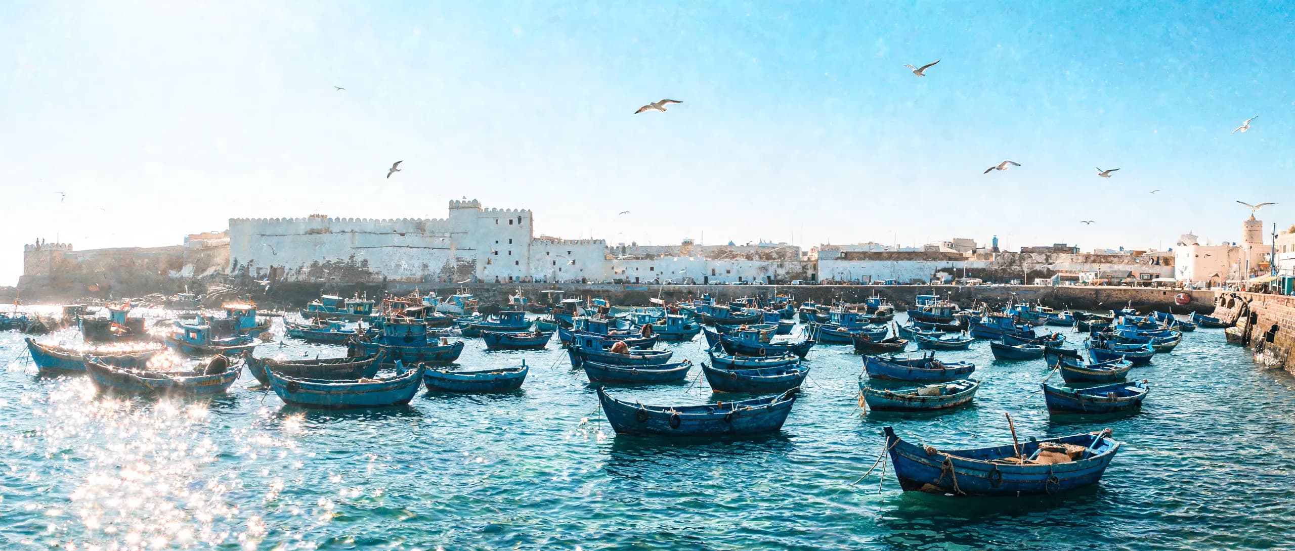 Blue fishing boats in the bright harbour of Essaouira
